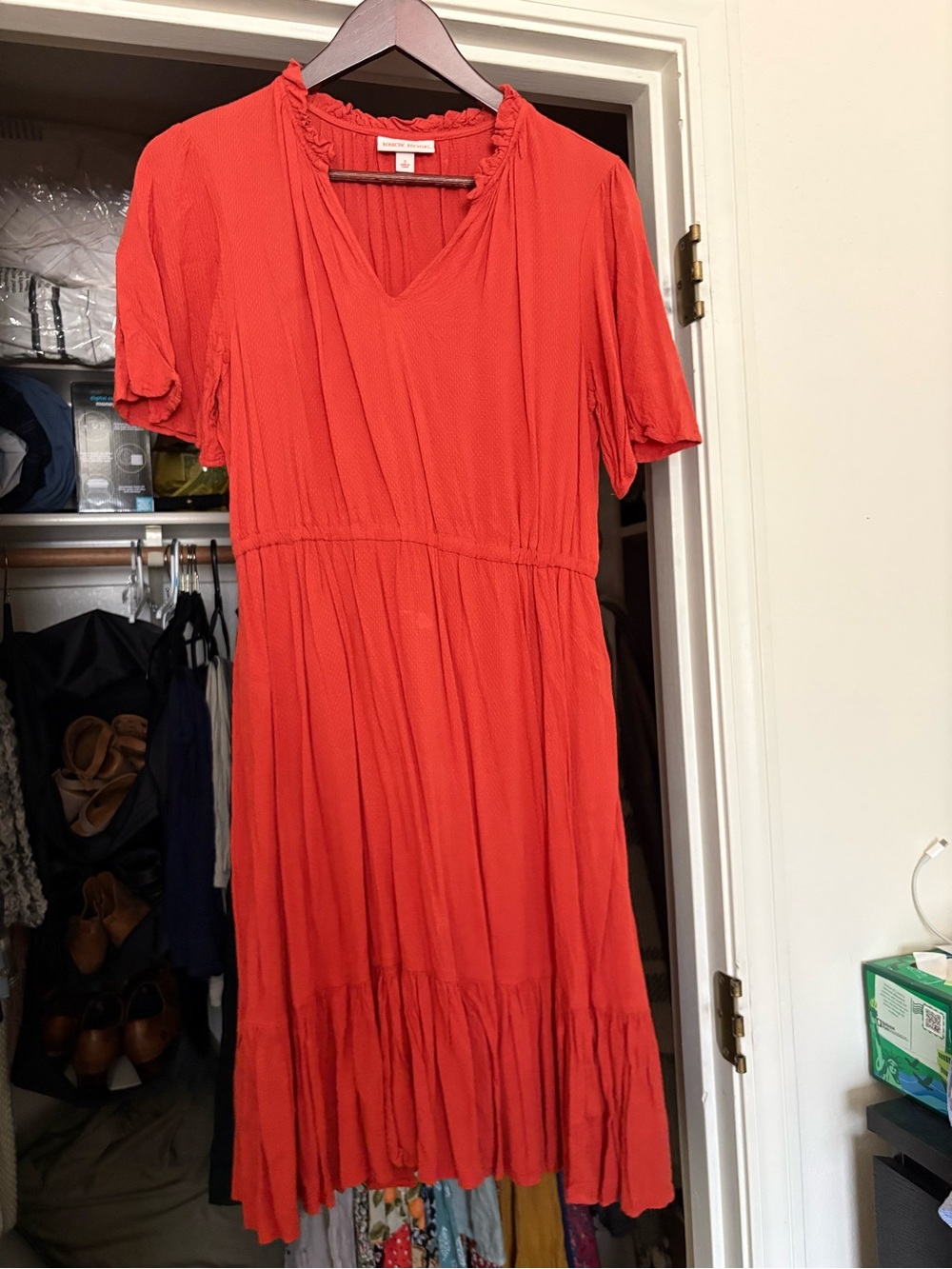 Knox Rose Coral-Red V-Neck Midi Dress with Ruffle Hem